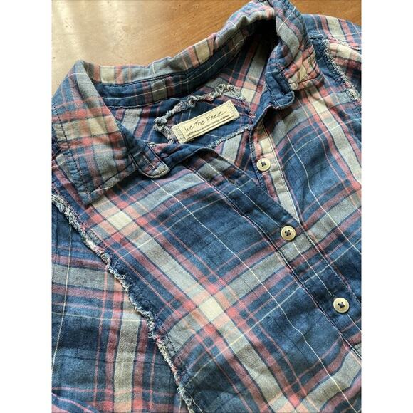 Free People Seeking Starlight Top Sz M NWT Blue Plaid Cotton Raw Hem grunge - Picture 3 of 10